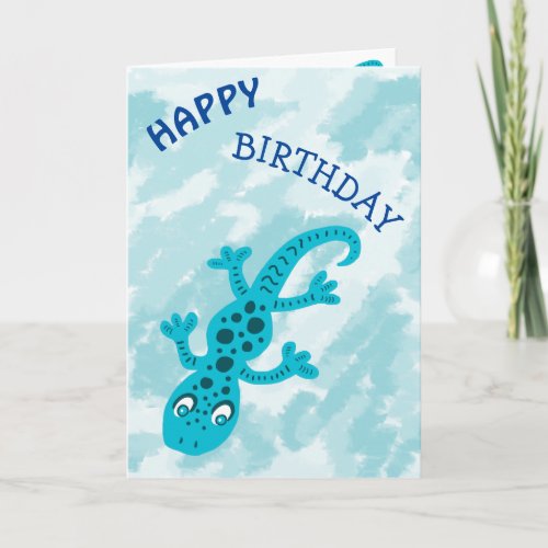Cute Blue Lizard Gecko on Blue Happy Birthday Card - This happy birthday greeting card for kids comes with a cute blue gecko lizard on a blue background.