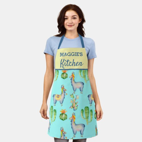 Cute Blue Llama Cactus Succulent Pattern Kitchen Apron