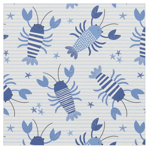 Cute Blue Lobsters on light blue white stripe Fabric