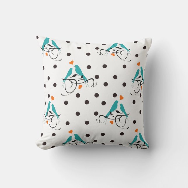 Cute Blue Love Birds in Black Polka Dots Outdoor Pillow (Front)