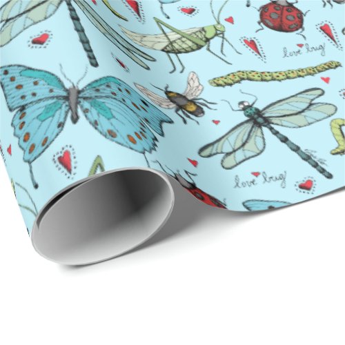 Cute Blue Love Bug Insects for Bug Lovers  Wrapping Paper