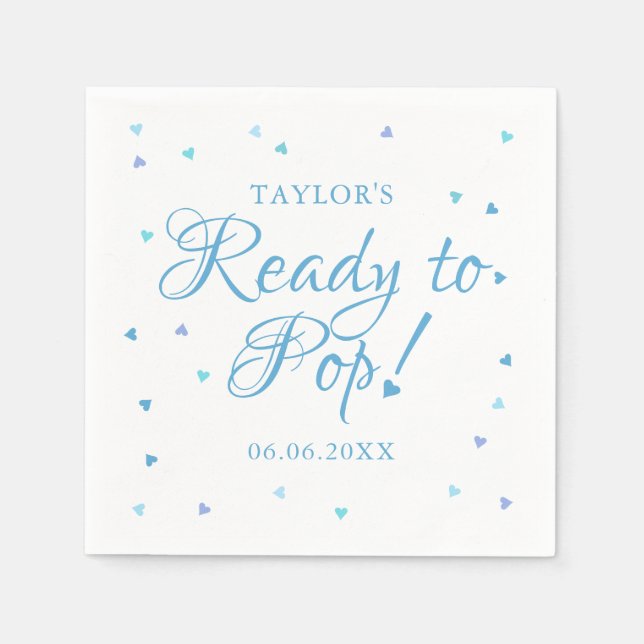 Cute Blue Love Hearts Ready to Pop Baby Boy Shower Napkins (Front)