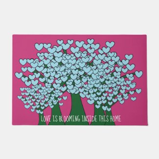 Blue Love Hearts Trees Design Hot Pink Doormat