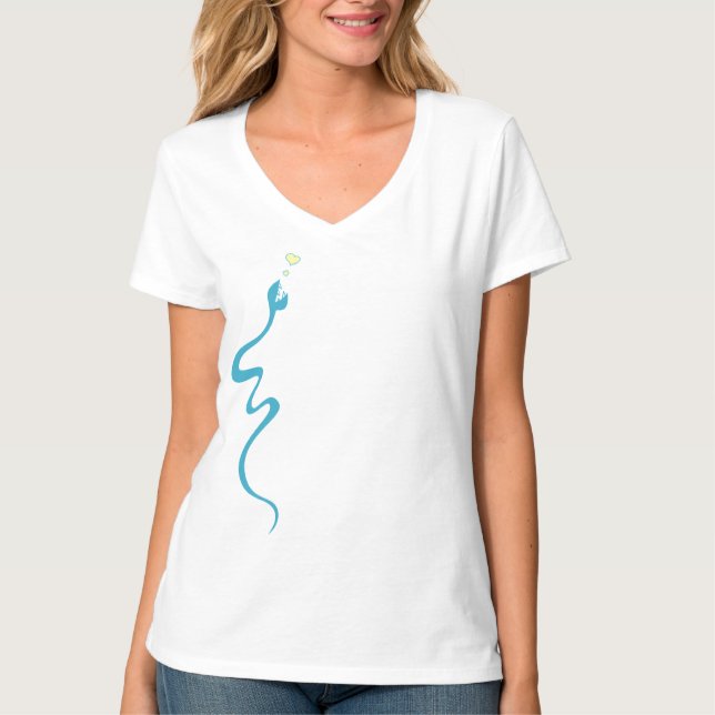 Cute Blue Loving Cartoon Snake T-Shirt (Front)