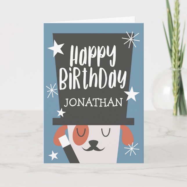 Cute Blue Magical Dog Birthday | Add Name Card (Front)