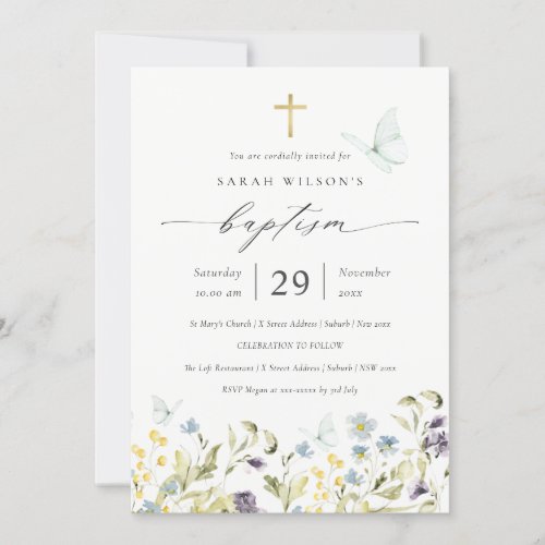 Cute Blue Meadow Floral Butterfly Baptism Invite