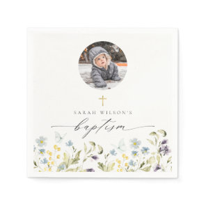 Cute Blue Meadow Floral Butterfly Photo Baptism Napkins