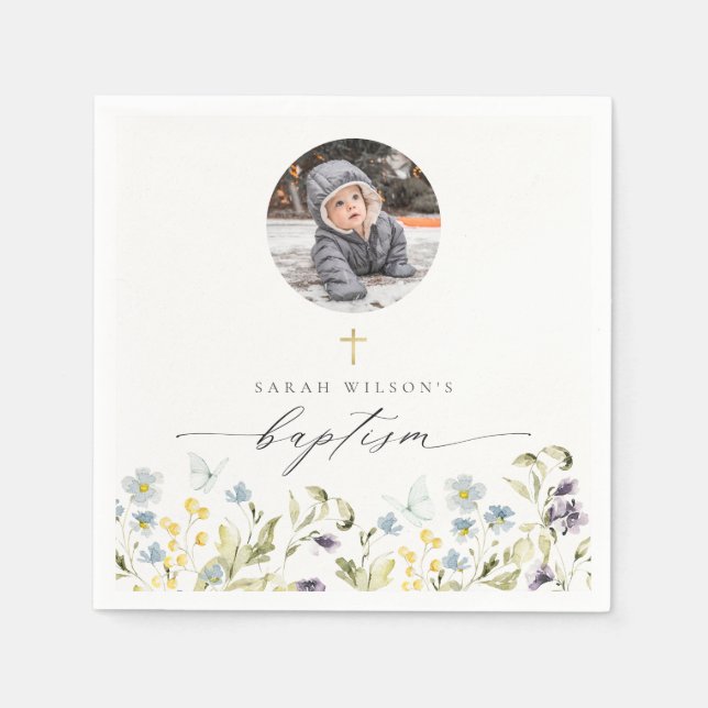Cute Blue Meadow Floral Butterfly Photo Baptism Napkins (Front)