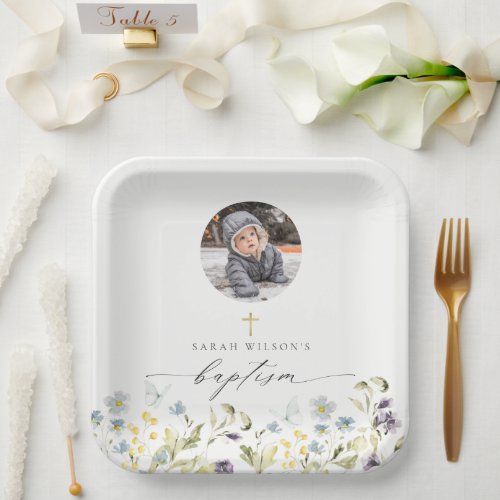 Cute Blue Meadow Floral Butterfly Photo Baptism Paper Plates