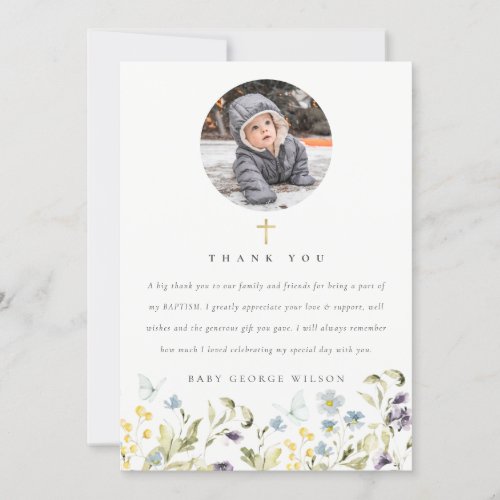 Cute Blue Meadow Floral Butterfly Photo Baptism Thank You Card