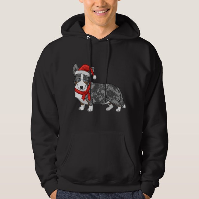 Cute Blue Merle Cardigan Corgi Christmas Santa Hat Hoodie (Front)