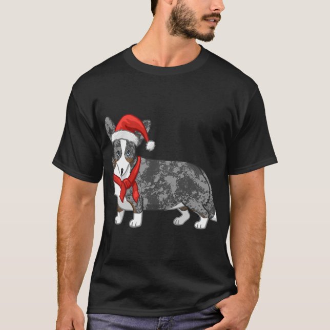 Cute Blue Merle Cardigan Corgi Christmas Santa Hat T-Shirt (Front)