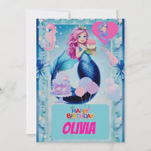 Cute blue mermaid kids birthday  invitation