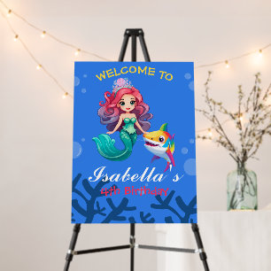 Cute Blue mermaid shark rainbow Birthday Welcome Foam Board