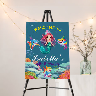 Cute Blue mermaid shark rainbow Birthday Welcome Foam Board