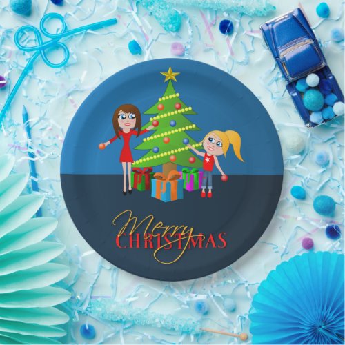 Cute Blue Merry Christmas Xmas Tree Paper Plates