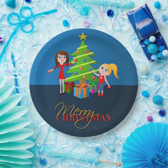 Cute Blue Merry Christmas Xmas Tree Paper Plates (Party)
