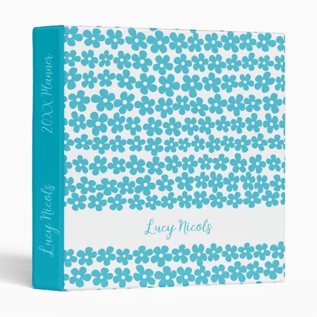 Cute Blue Minimalist Daisy Pattern Floral Name 3 Ring Binder (Front/Spine)