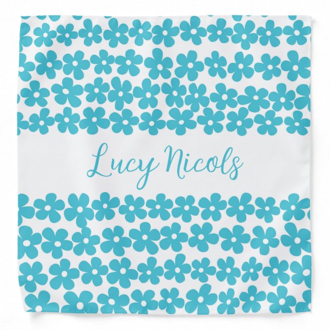 Cute Blue Minimalist Daisy Pattern Floral Name Bandana (Front)