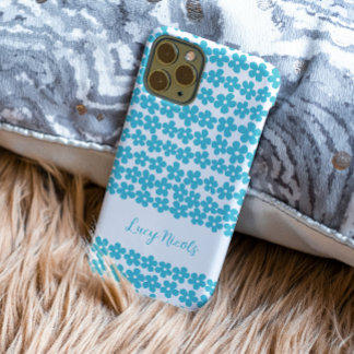 Cute Blue Minimalist Daisy Pattern Floral Name iPhone 15 Case