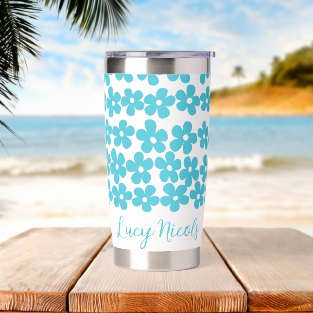Cute Blue Minimalist Daisy Pattern Floral Name Insulated Tumbler (Beach)