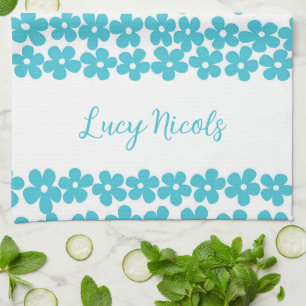 Cute Blue Minimalist Daisy Pattern Floral Name Kitchen Towel