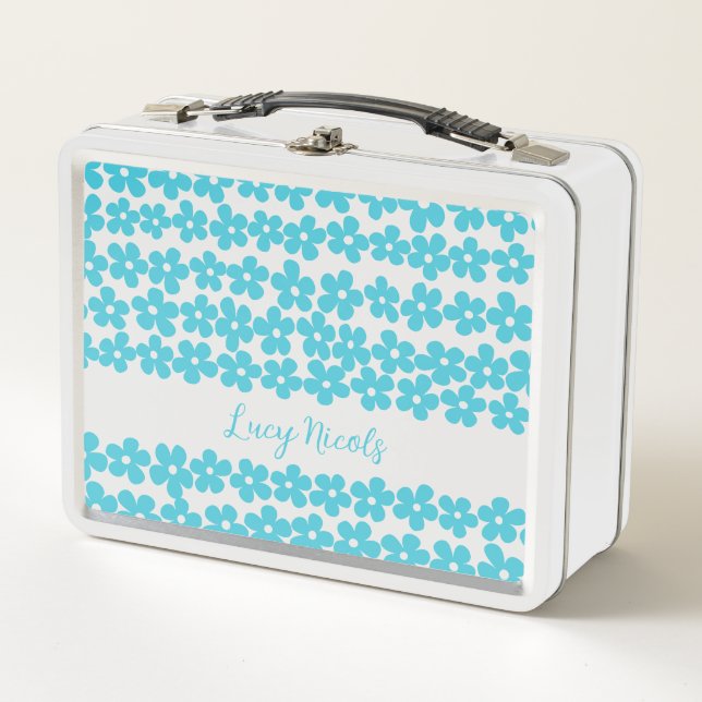 Cute Blue Minimalist Daisy Pattern Floral Name Metal Lunch Box (Front)