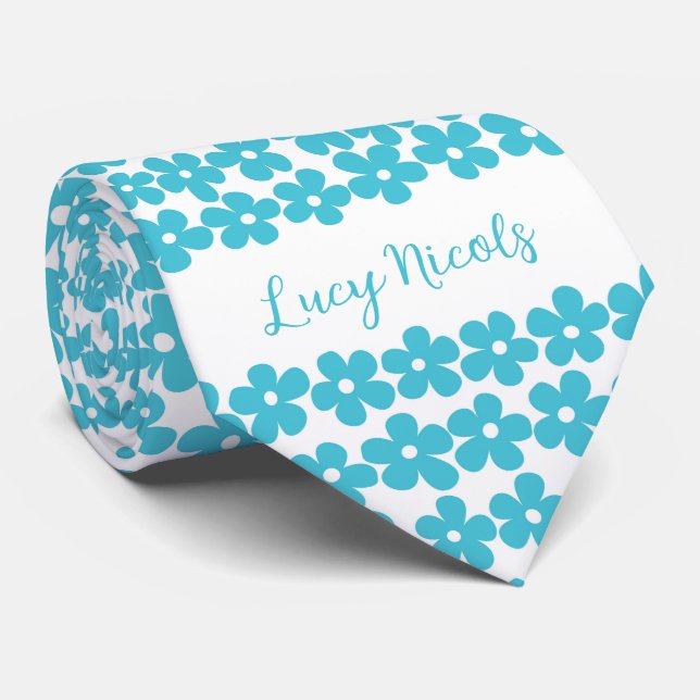 Cute Blue Minimalist Daisy Pattern Floral Name Neck Tie (Rolled)