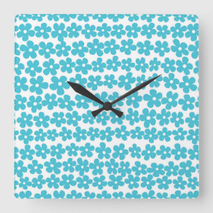 Cute Blue Minimalist Daisy Pattern Floral Square Wall Clock