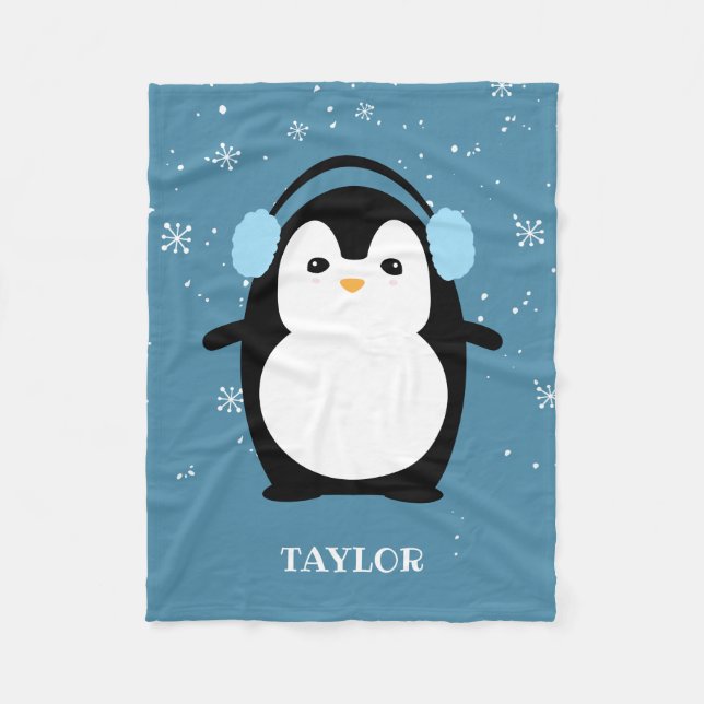 Cute Blue modern baby penguin kawaii personalized Fleece Blanket (Front)