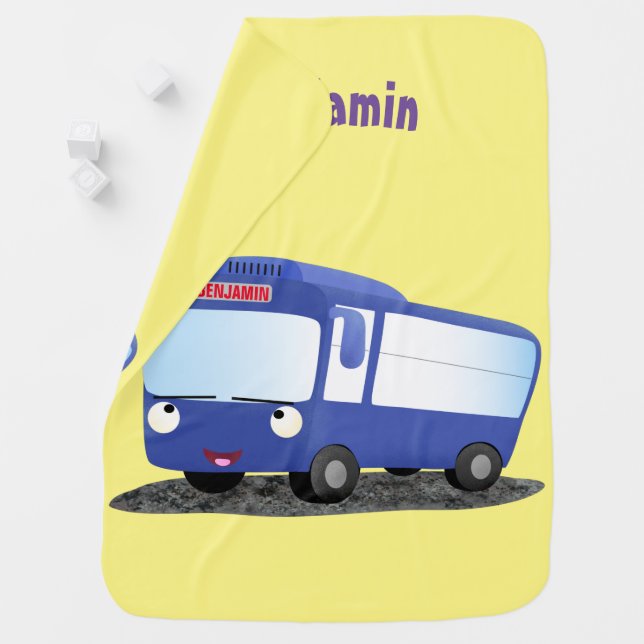 Cute blue modern bus cartoon illustration baby blanket (In Situ)