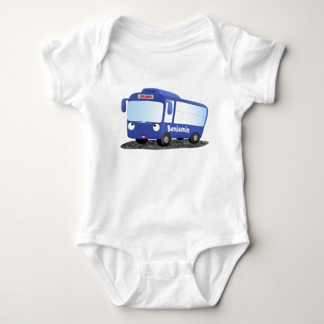 Cute blue modern bus cartoon illustration baby bodysuit (Front)