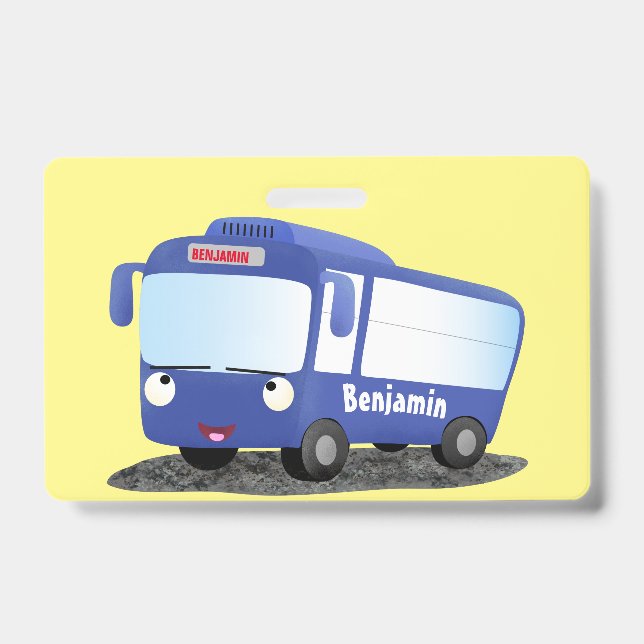 Cute blue modern bus cartoon illustration badge (Front)