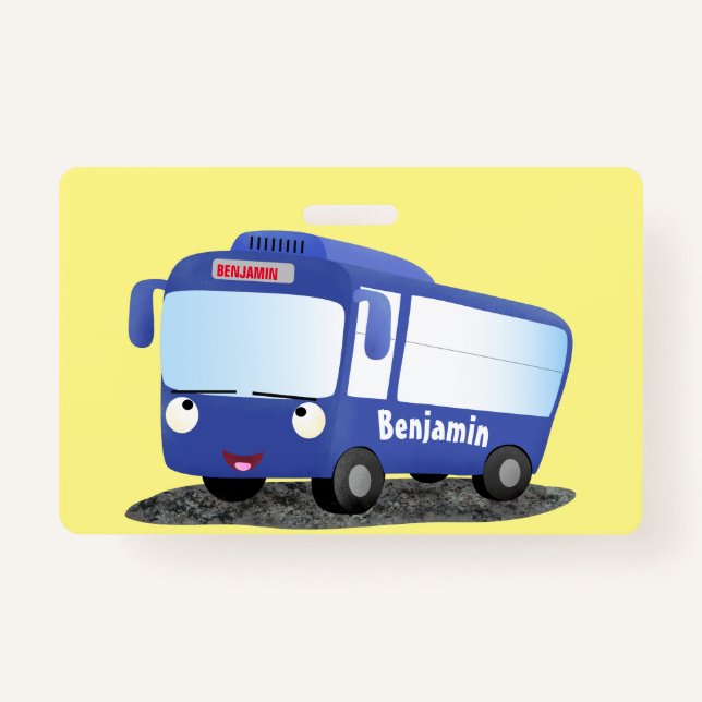 Cute blue modern bus cartoon illustration badge (Front)