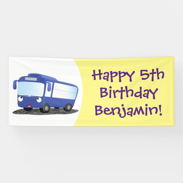 Cute blue modern bus cartoon illustration banner (Horizontal)