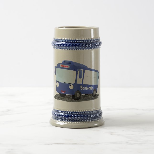Cute blue modern bus cartoon illustration beer stein (Center)