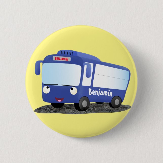 Cute blue modern bus cartoon illustration button (Front)