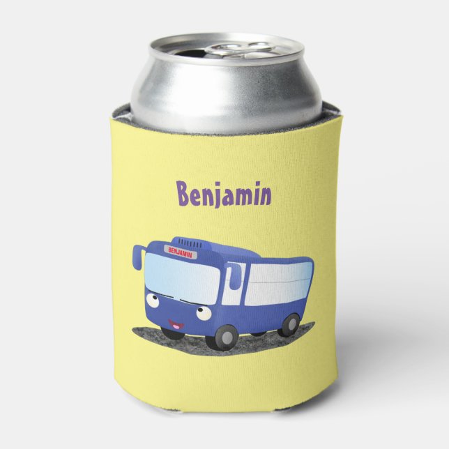 Cute blue modern bus cartoon illustration can cooler (Can Front)
