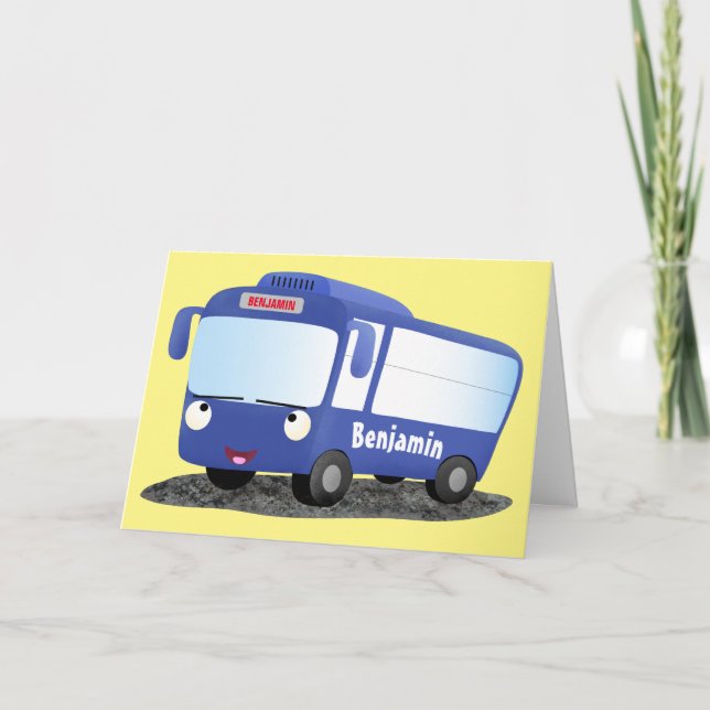 Cute blue modern bus cartoon illustration card (Front)