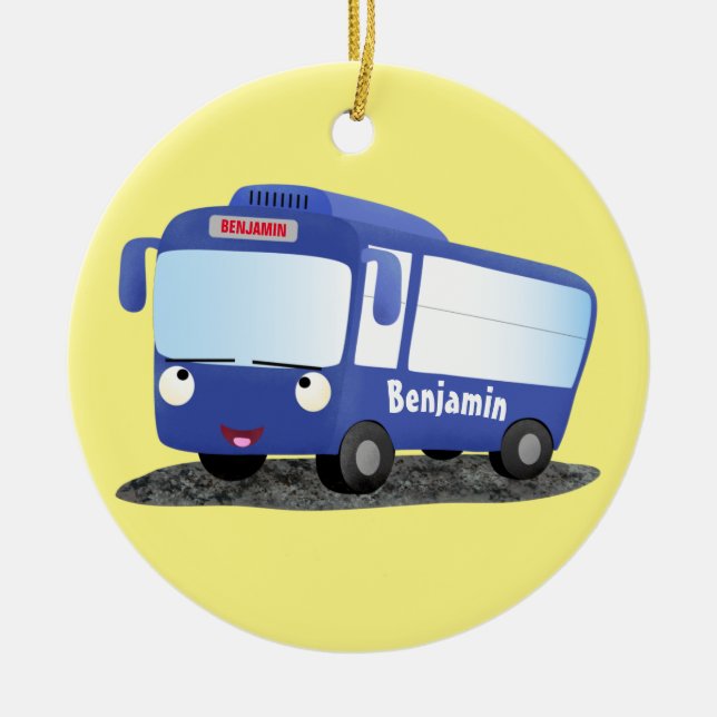 Cute blue modern bus cartoon illustration ceramic ornament (Front)