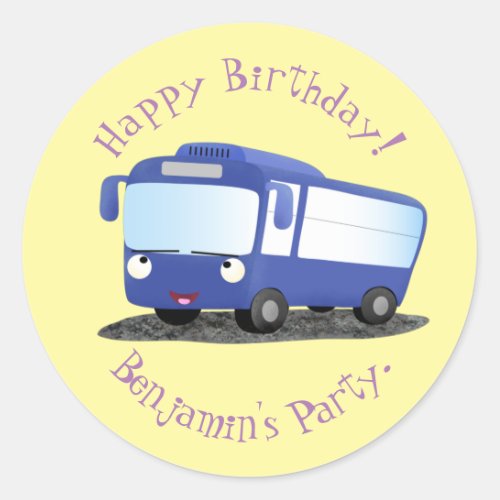 Cute blue modern bus cartoon illustration classic round sticker