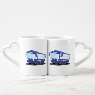 Cute blue modern bus cartoon illustration coffee mug set