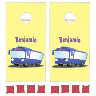 Cute blue modern bus cartoon illustration cornhole set