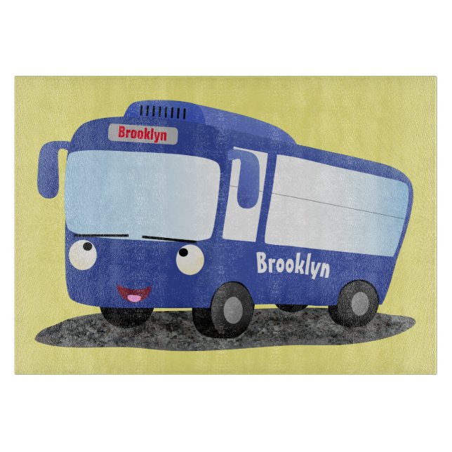 Cute blue modern bus cartoon illustration cutting board (Front)