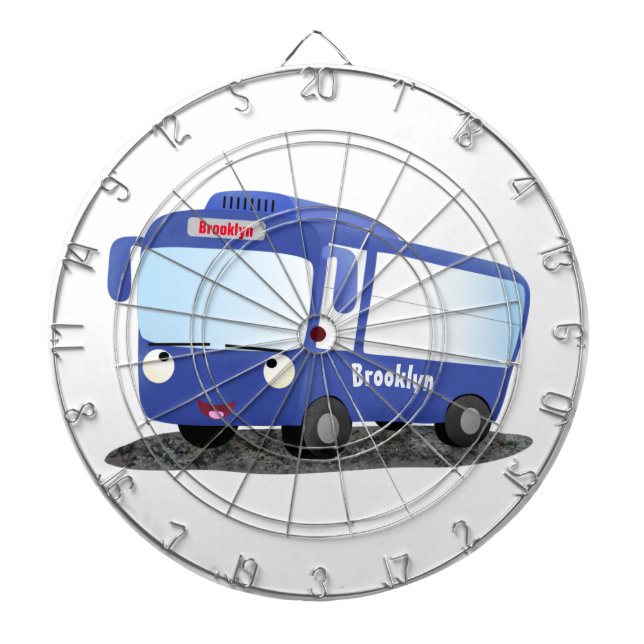Cute blue modern bus cartoon illustration dart board (Front)