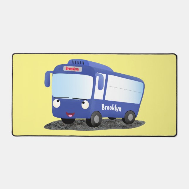 Cute blue modern bus cartoon illustration desk mat (Front)
