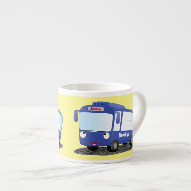 Cute blue modern bus cartoon illustration espresso cup (Front Right)