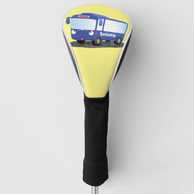 Cute blue modern bus cartoon illustration golf head cover (Front)