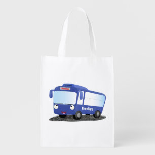 Cute blue modern bus cartoon illustration grocery bag