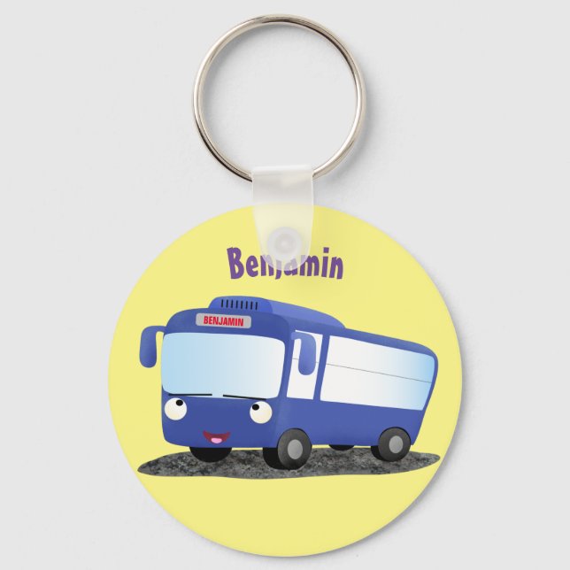 Cute blue modern bus cartoon illustration keychain (Front)